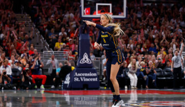 Indiana Fever guard Sophie Cunningham (8) shouts to the official after the play in the first half of play during a WNBA game between the New York Liberty and the Indiana Fever on July 18, 2026 at Gainbridge Fieldhouse in Indianapolis, IN.