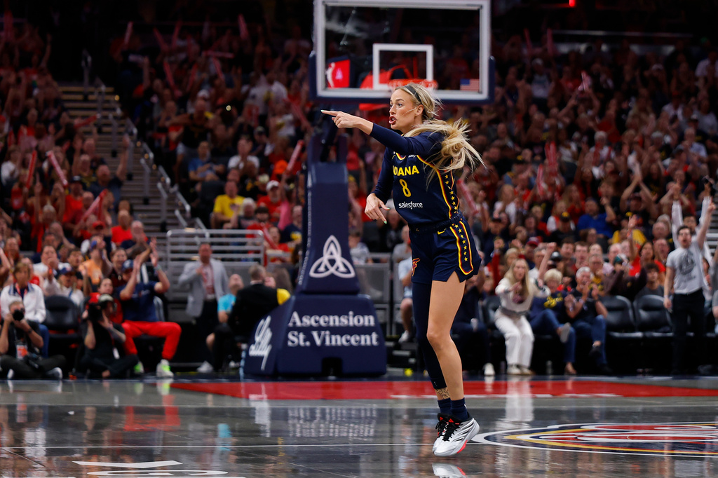 Indiana Fever guard Sophie Cunningham (8) shouts to the official after the play in the first half of play during a WNBA game between the New York Liberty and the Indiana Fever on July 18, 2026 at Gainbridge Fieldhouse in Indianapolis, IN.