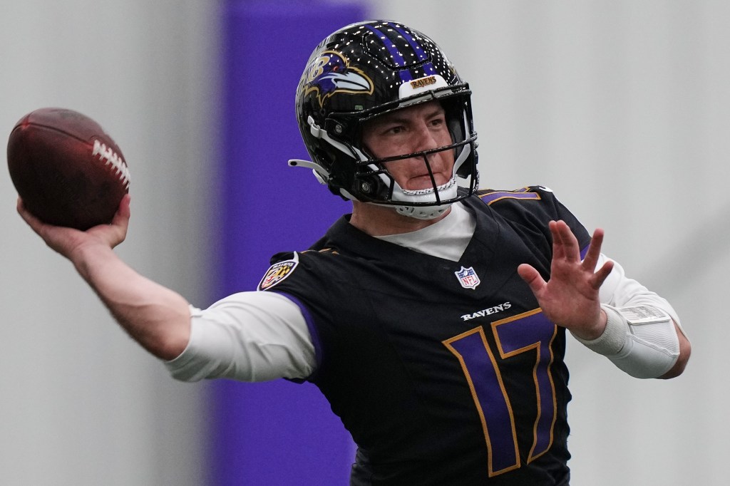 Baltimore Ravens quarterback Diego Pavia (17) works out during the team's NFL football practice, May 27, 2026, at the Under Armour Performance Center in Owings Mills, Md