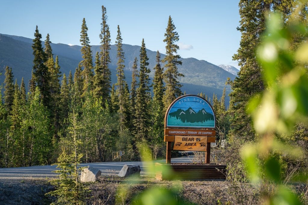 A campground sign that reads "Bear in the area."