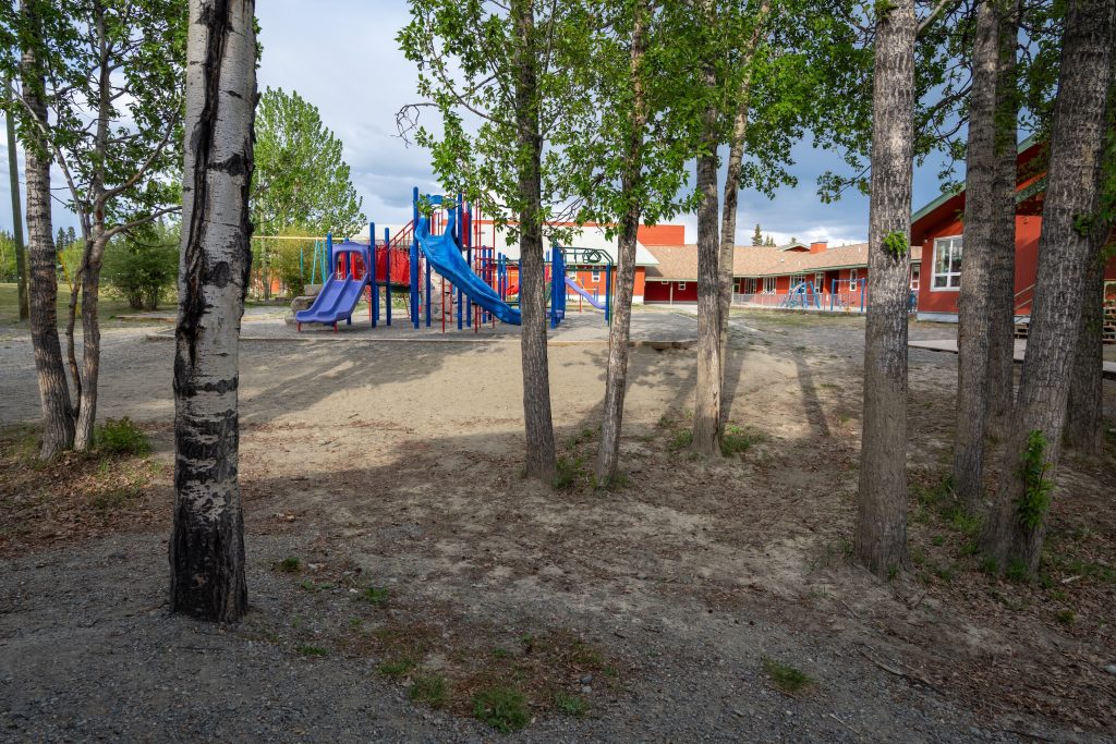 A school playground surrounded by trees.
