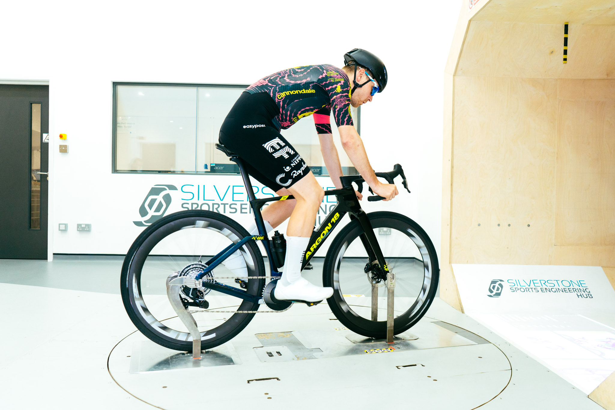 Josh Croxton riding an Argon 18 Anti Matter in the Silverstone wind tunnel