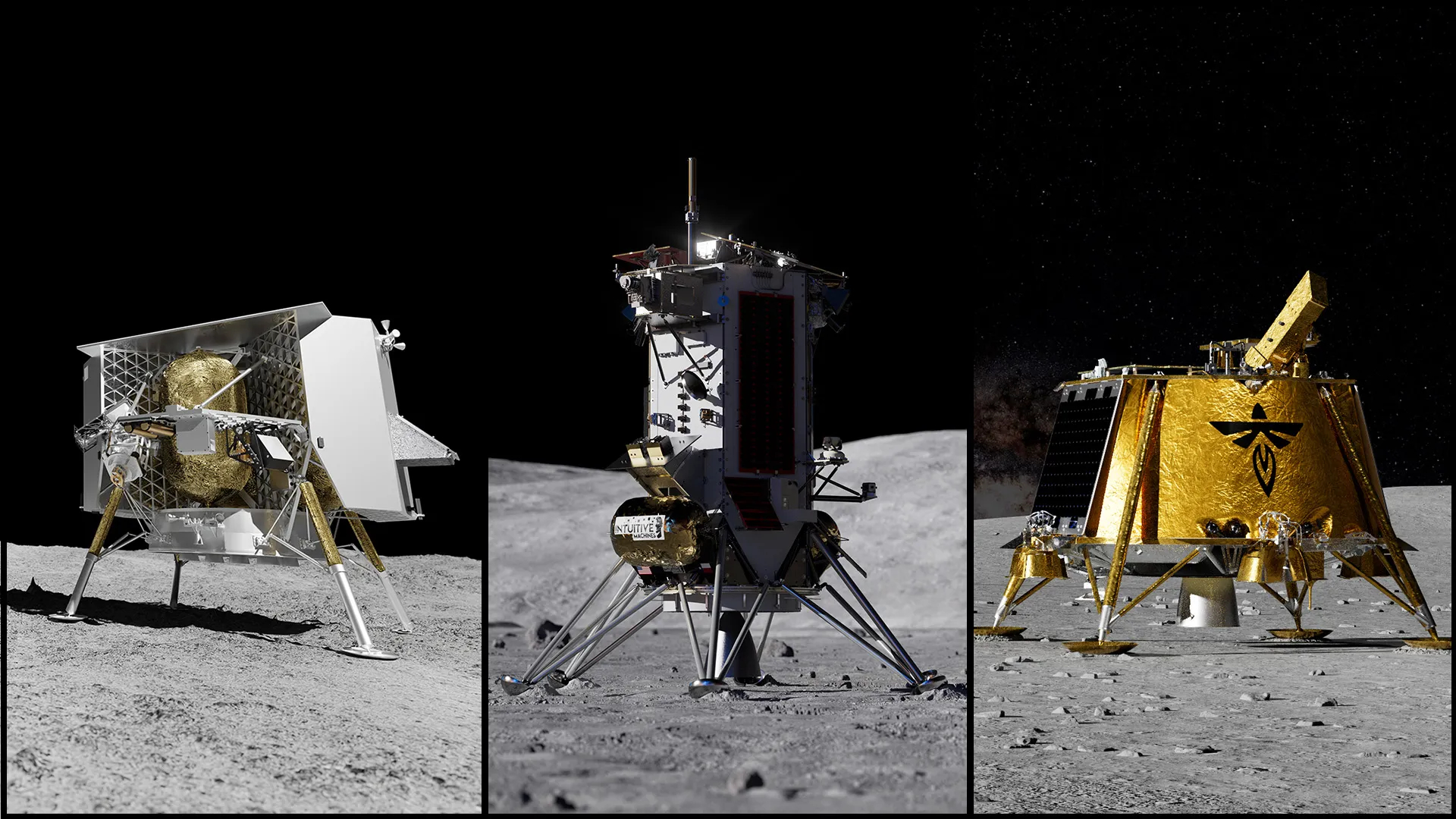 three different lunar landers side by side on the lunar surface.