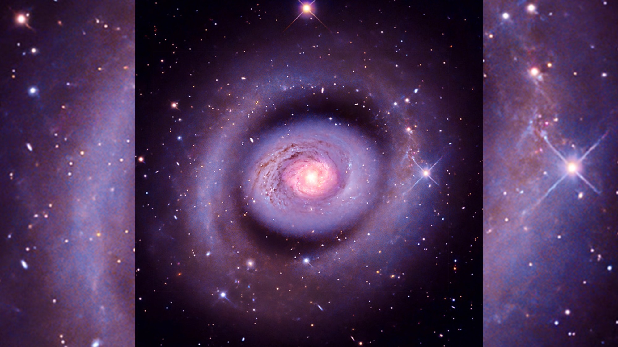 a swirl of blue-and-purple gases amid red pinpoints of light, on a black background