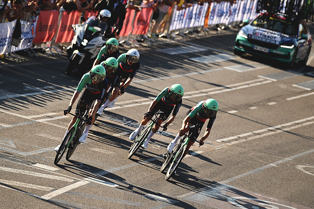 BARCELONA, SPAIN - JULY 04: A general view of the Team Decathlon CMA CGM competing during the 113th Tour de France 2026, Stage 1 a 19.6km team time trial stage from Barcelona to Barcelona / #UCIWT / on July 04, 2026 in Barcelona, Spain. (Photo by Dario Belingheri/Getty Images)