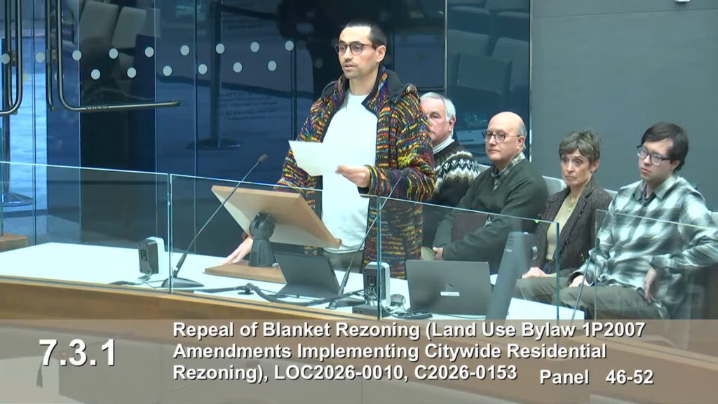Chip Abaco speaks at a public hearing in the Municipal Building's council chambers about the repeal of Calgary's blanket rezoning