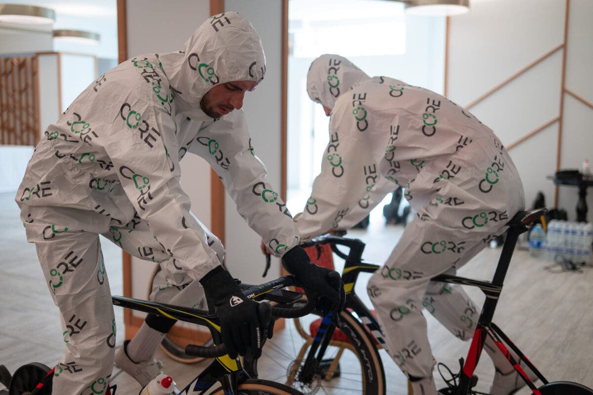 Two Cofidis riders boil away in Core 'heat suits' during their Tour de France training camp.