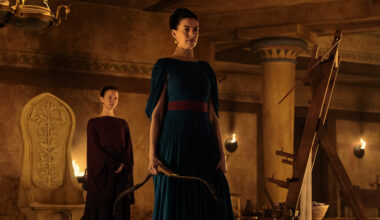L to R: Mia Goth is Melantho and Anne Hathaway is Penelope in The Odyssey