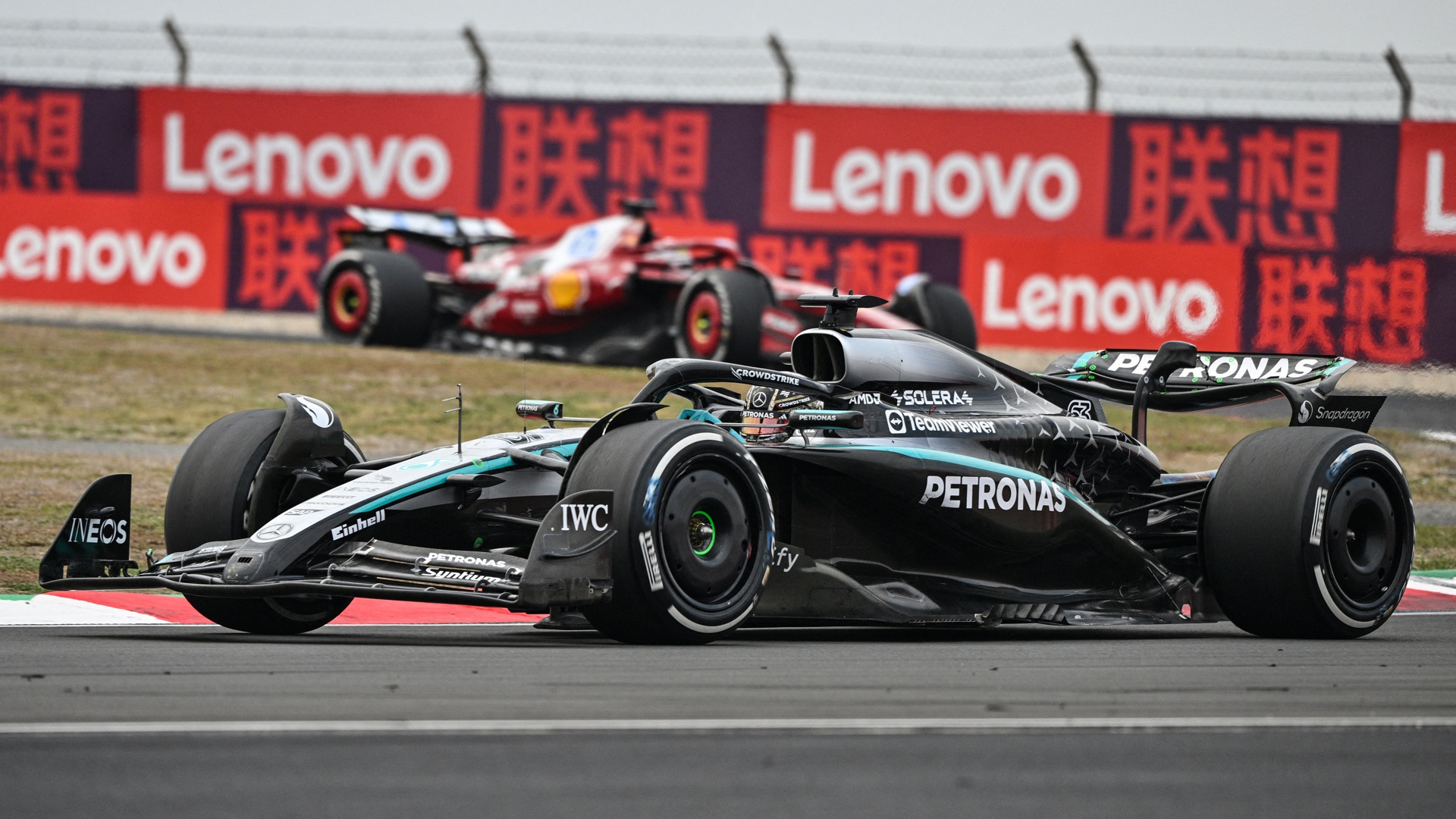 Mercedes' British driver George Russell drives during the Formula One Chinese Grand Prix 2025 at the Shanghai International Circuit on his way to a third place finish.
