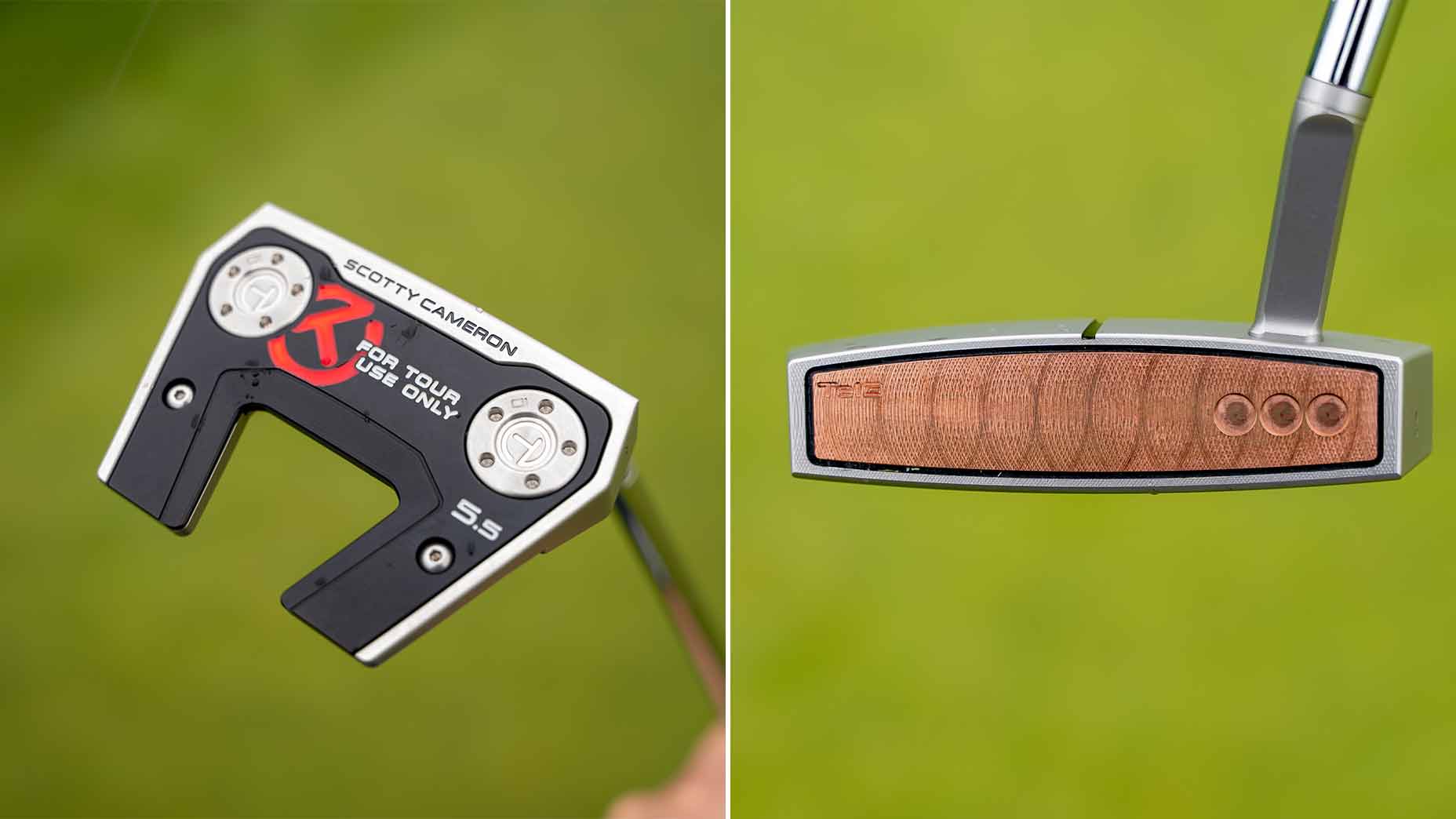 Side-by-side close-up of two golf putters: left shows the back of a Scotty Cameron putter with metallic accents; right, the front of a putter with a wooden face insert and three engravings—highlighting June gear moves from our Tour Report.