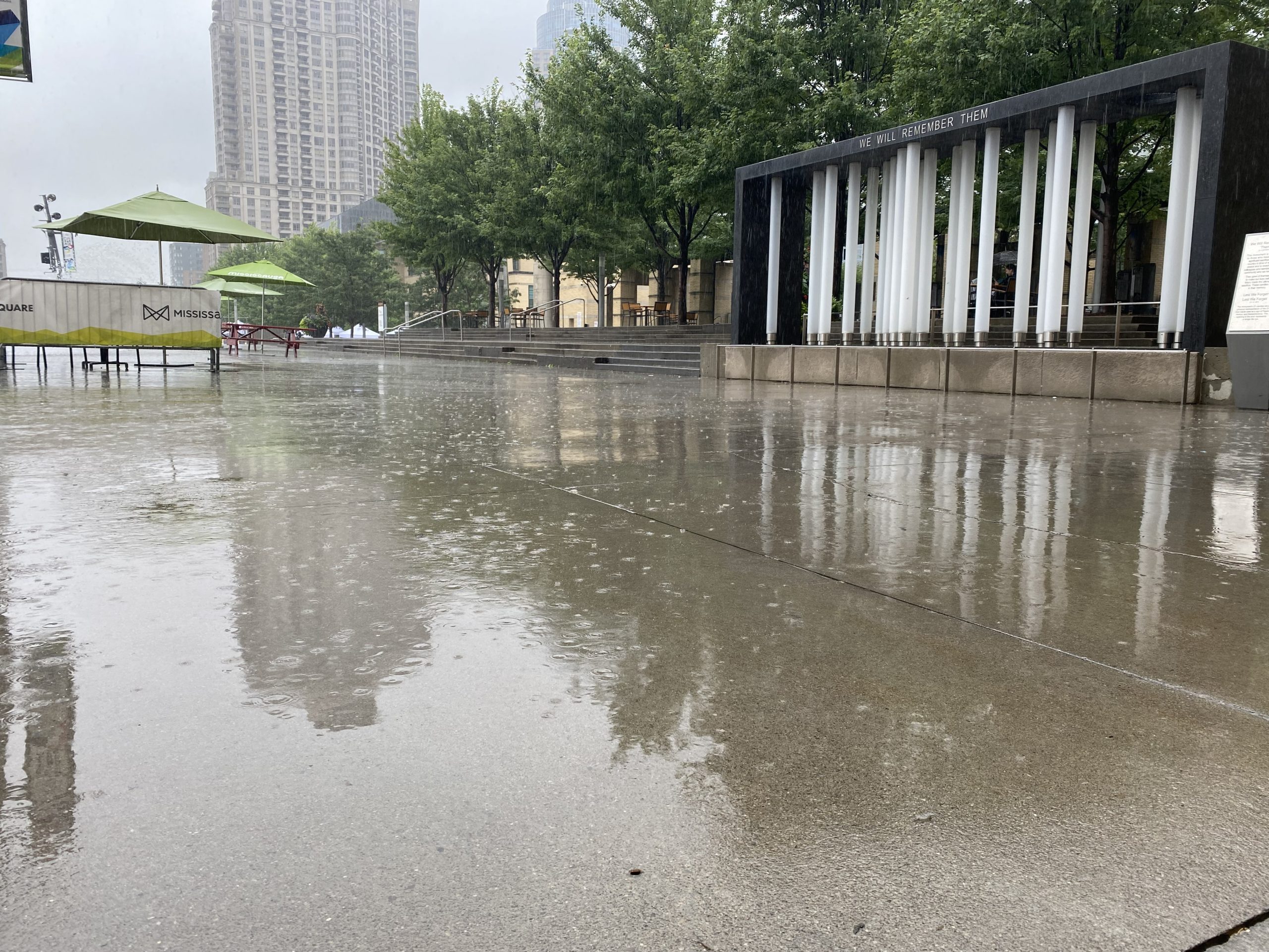 Rain on the outdoor ground at Mississauga Civic centre.
