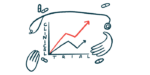 A clinical trial illustration shows a line chart surrounded by hands, a stethoscope, and pills.