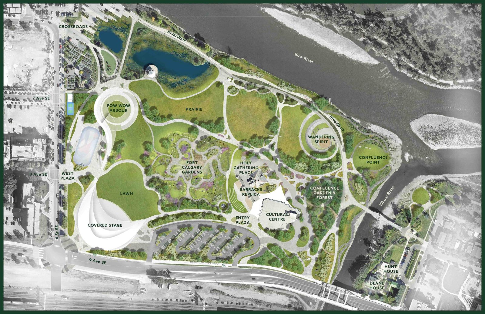 A labelled concept plan of the parkland near the confluence of the Elbow and Bow rivers in Calgary features an aerial view of greenspaces labelled in all-caps sans serif typeface. Black-and-white aerial images of a river, city and forest surround it.