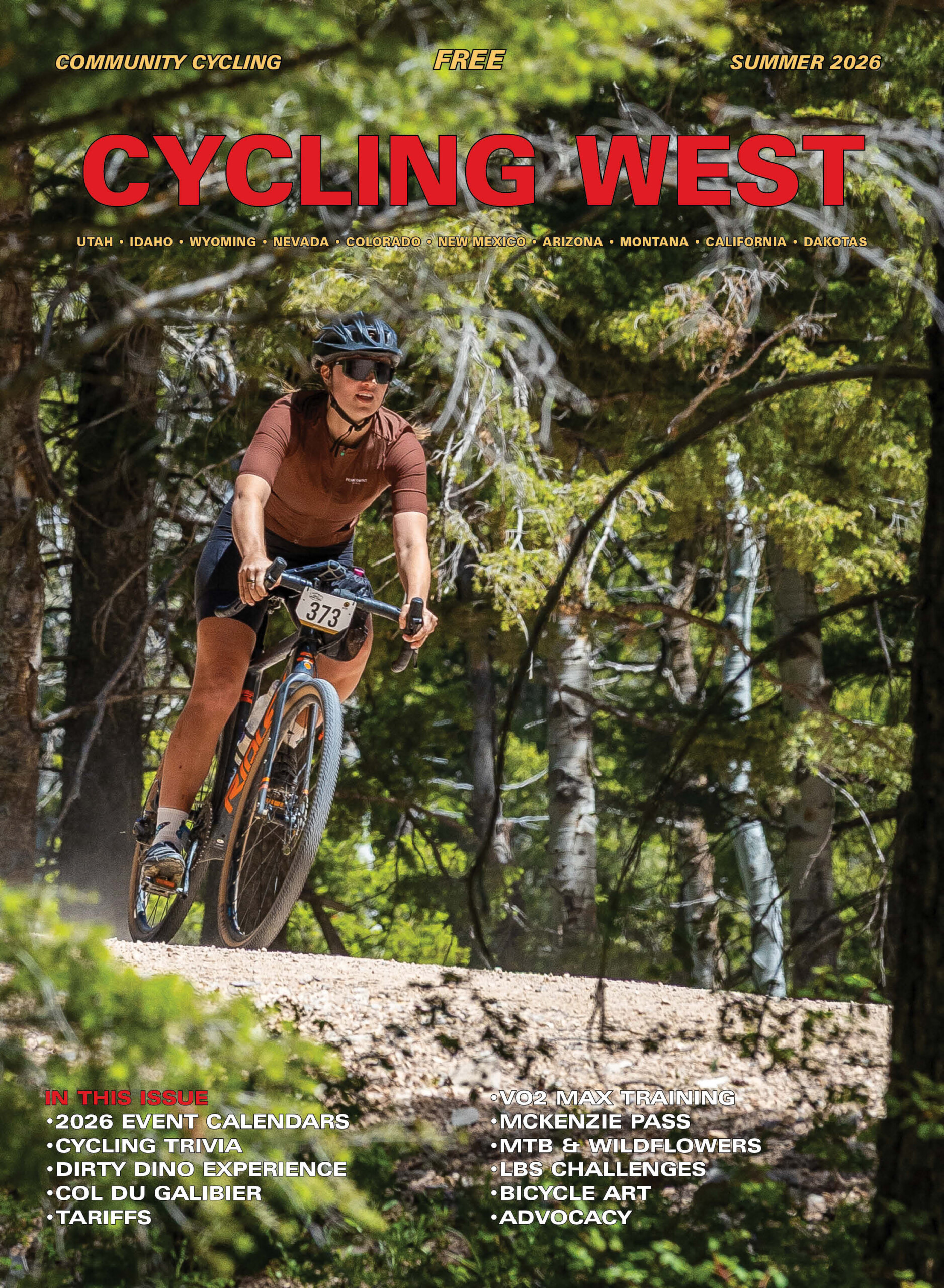 Cycling West Summer 2026 Cover Photo: Clara Hatcher racing in the 2026 Dirty Dino held on June 13, 2026 in Vernal, Utah. Photo by Kris Braun, Utah Gravel Series, https://krisbraun.format.com/utah-gravel-series