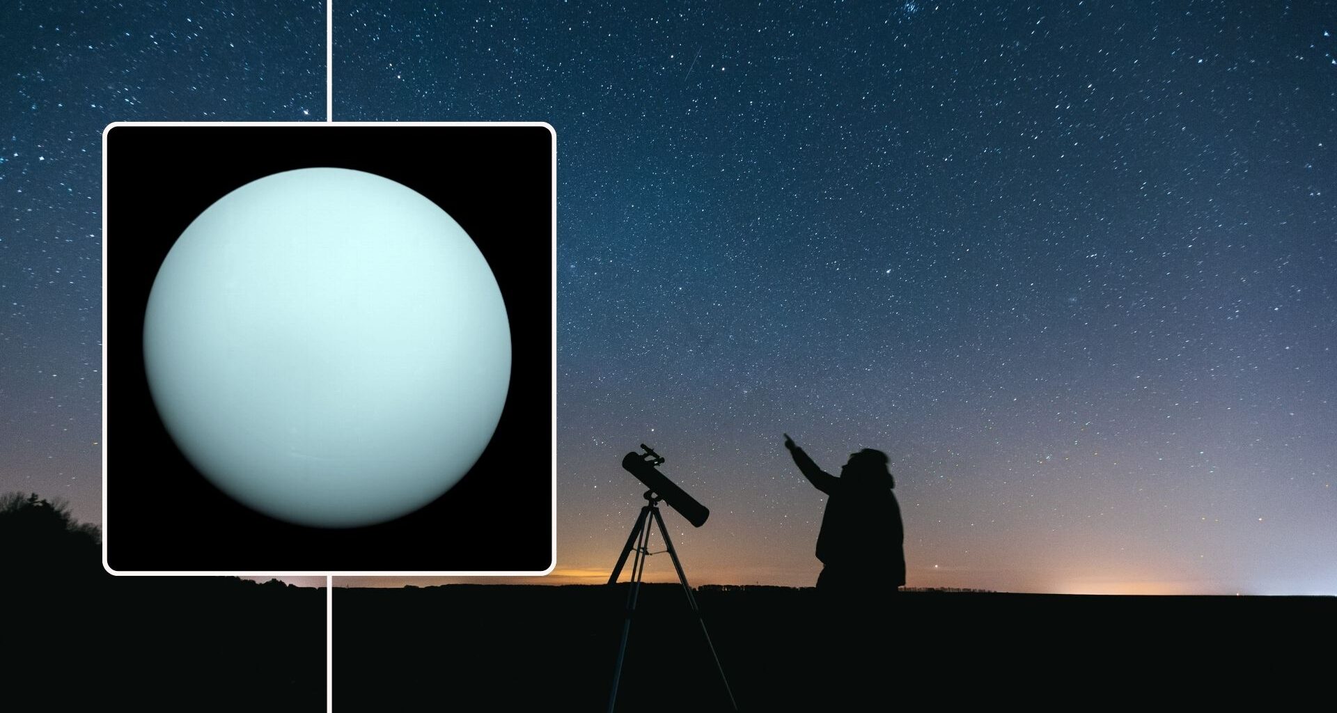 inset image of Uranus up close in the background is a person with a telescope pointing up at the sky.