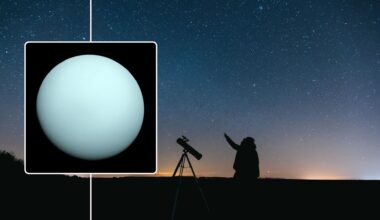 inset image of Uranus up close in the background is a person with a telescope pointing up at the sky.