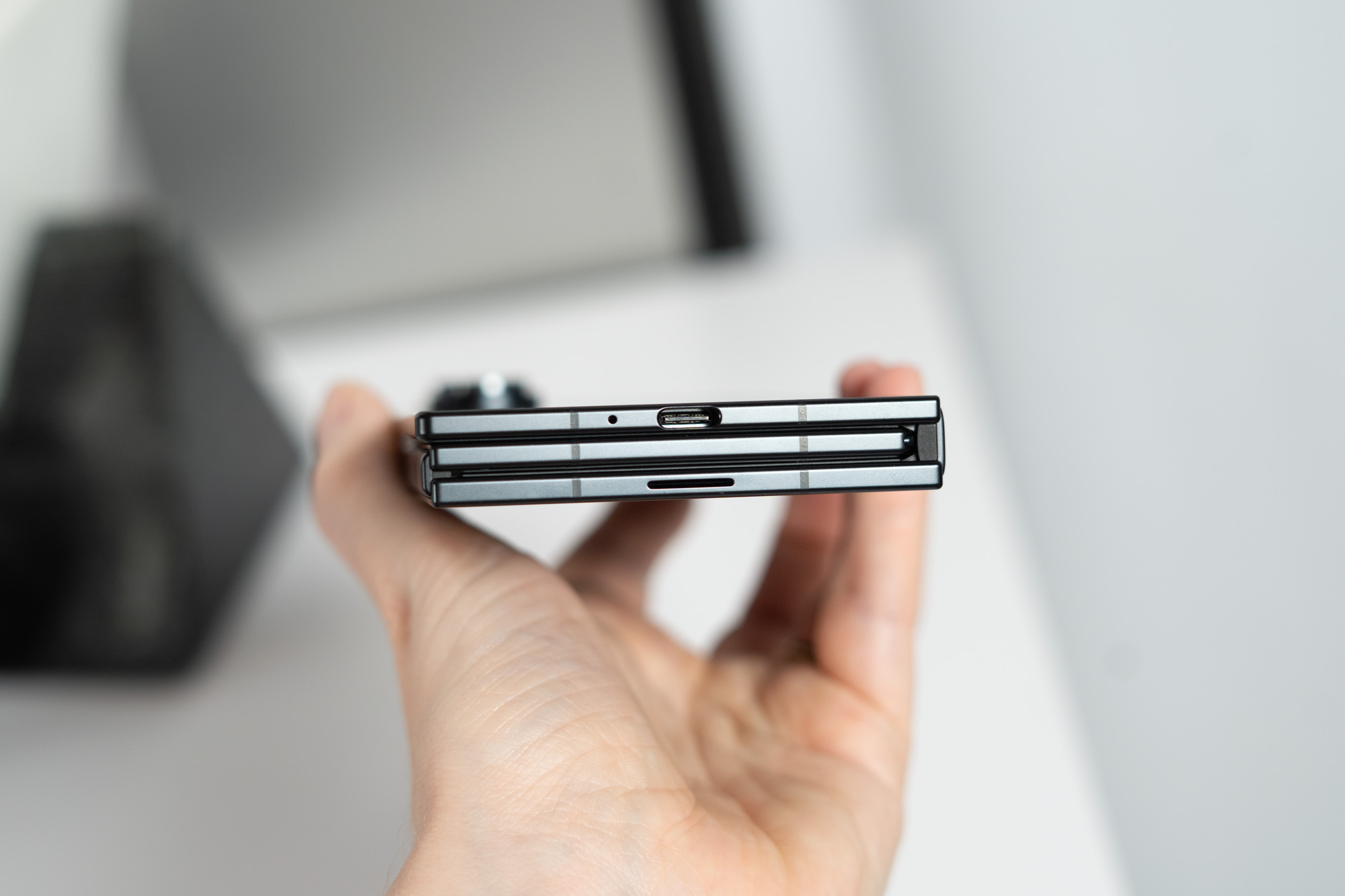 Samsung Galaxy Z Trifold in folded position shown from bottom
