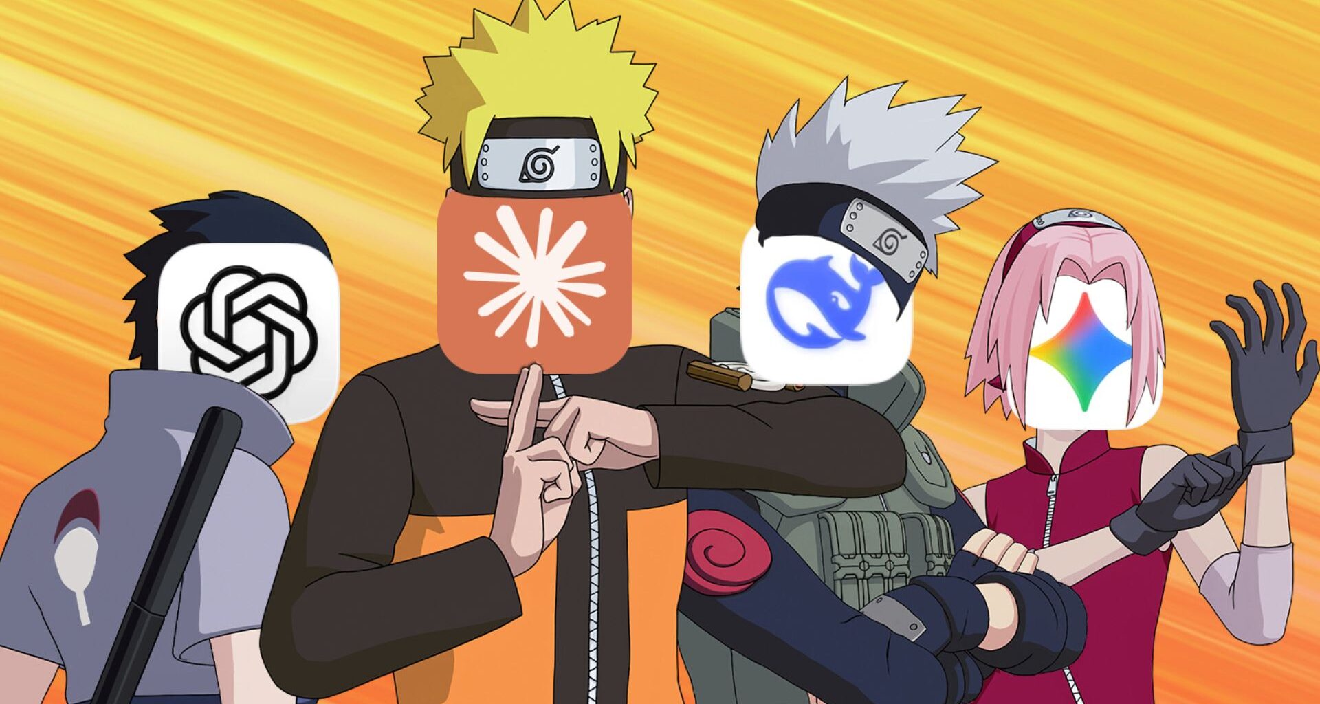 Naruto characters with their faces replaced by AI logos.