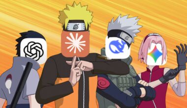 Naruto characters with their faces replaced by AI logos.
