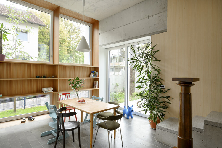 Renovation of two terraced houses of the housing cooperative "Progres - Mirje" Ljubljana / dans arhitekti - Interior Photography, Dining room, Wood, Table, Lighting, Shelving, Chair