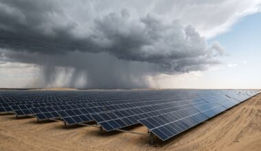 Dark solar panels under storm clouds gathering over desert sand