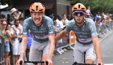 Dorian Godon helped over the line by Netcompany Ineos teammate Kevin Vauquelin after crashing on Stage 12 of the Tour de France (cropped image) (Photo by Dario Belingheri/Getty Images)