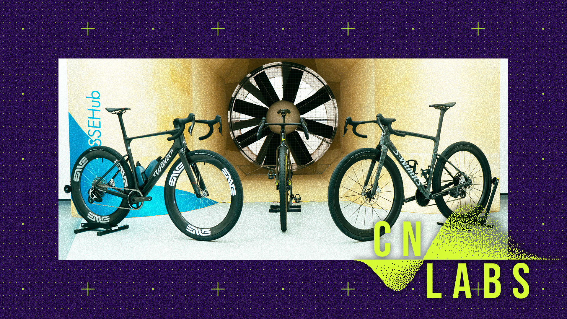 Gravel bikes in the wind tunnel with CN branding
