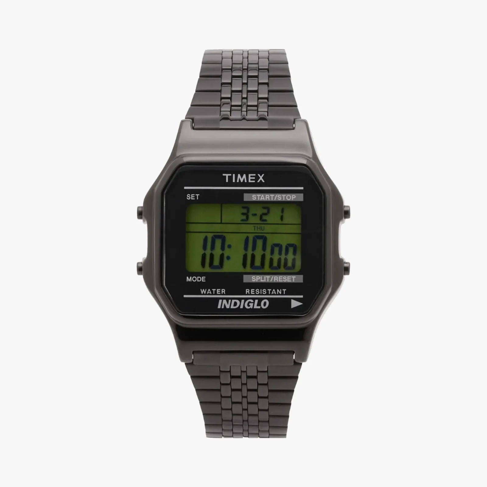 Gunmetal digital Timex watch with rectangular face and metal link band.
