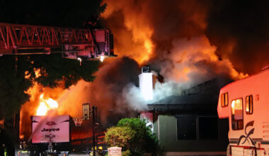 Fire crews were seen battling a blaze at a home on Edinburgh Place in Surrey late July 8, 2026.