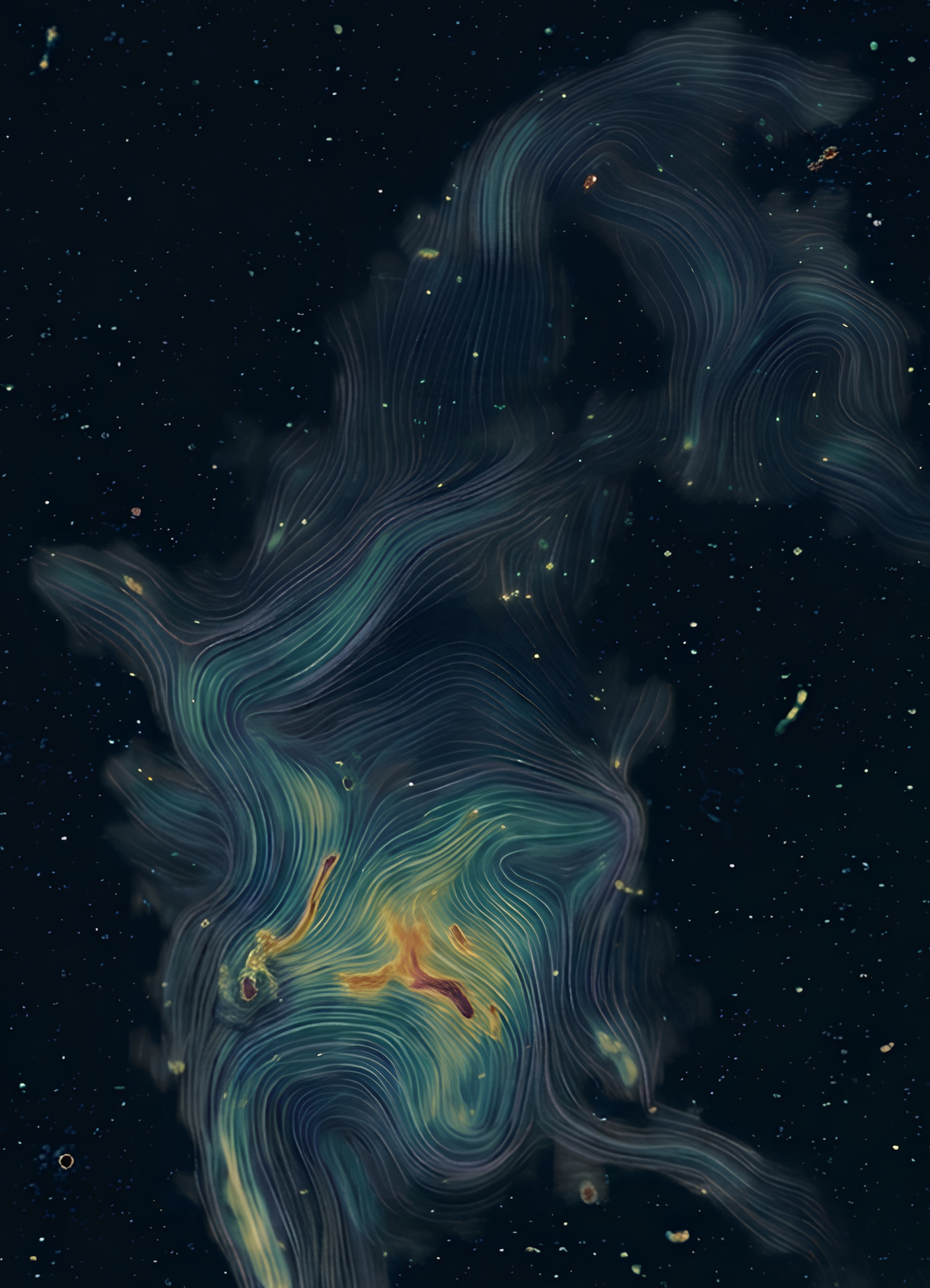 Blue and yellow swirls against a section of space.