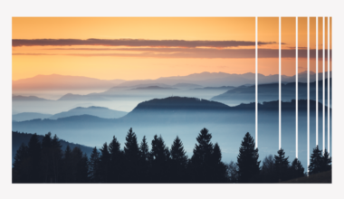 Layered mountain ranges fade into the distance under a warm orange sunrise sky, with mist filling the valleys and dark evergreen trees in the foreground. Vertical white bars overlay the right side of the landscape, creating an abstract, segmented design.