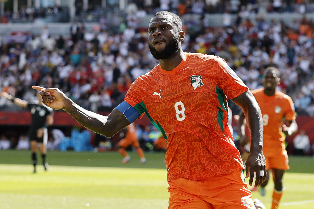 TORONTO, ONTARIO - JUNE 20: Franck Kessie #8 of Cote d'Ivoire celebrates scoring his team's first goal during the FIFA World Cup 2026 Group E match between Germany and Cote D'Ivoire at Toronto Stadium on June 20, 2026 in Toronto, Ontario. (Photo by Michael Reaves/Getty Images)