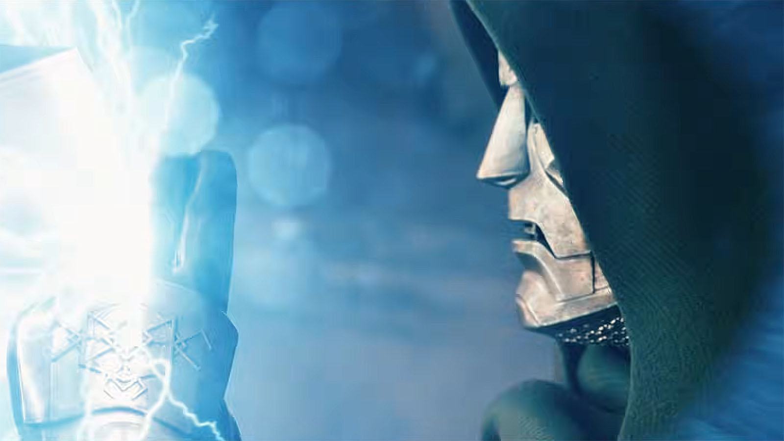 Doctor Victor von Doom stopping an attack from Thor with Stormbreaker in Avengers: Doomsday