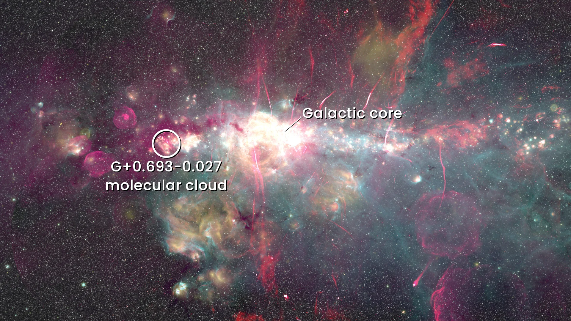 G+0.693-0.027 Molecular Cloud and Galactic Core labeled