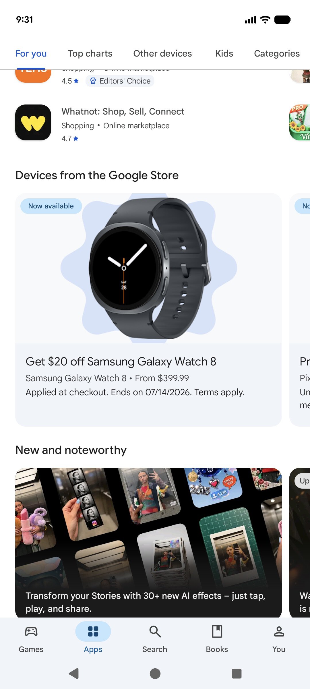 Galaxy Watch 8 Play Store Sales A screenshot of the Google Play Store showing a promo of the Galaxy Watch 8.
