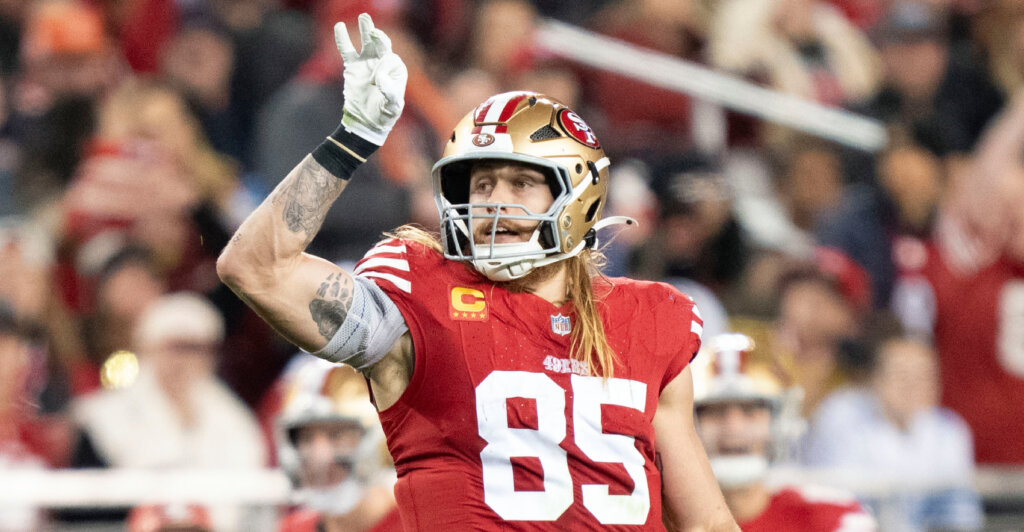 December 30, 2024; Santa Clara, California, USA; San Francisco 49ers tight end George Kittle (85) celebrates a first down against the Detroit Lions during the fourth quarter at Levi's Stadium.