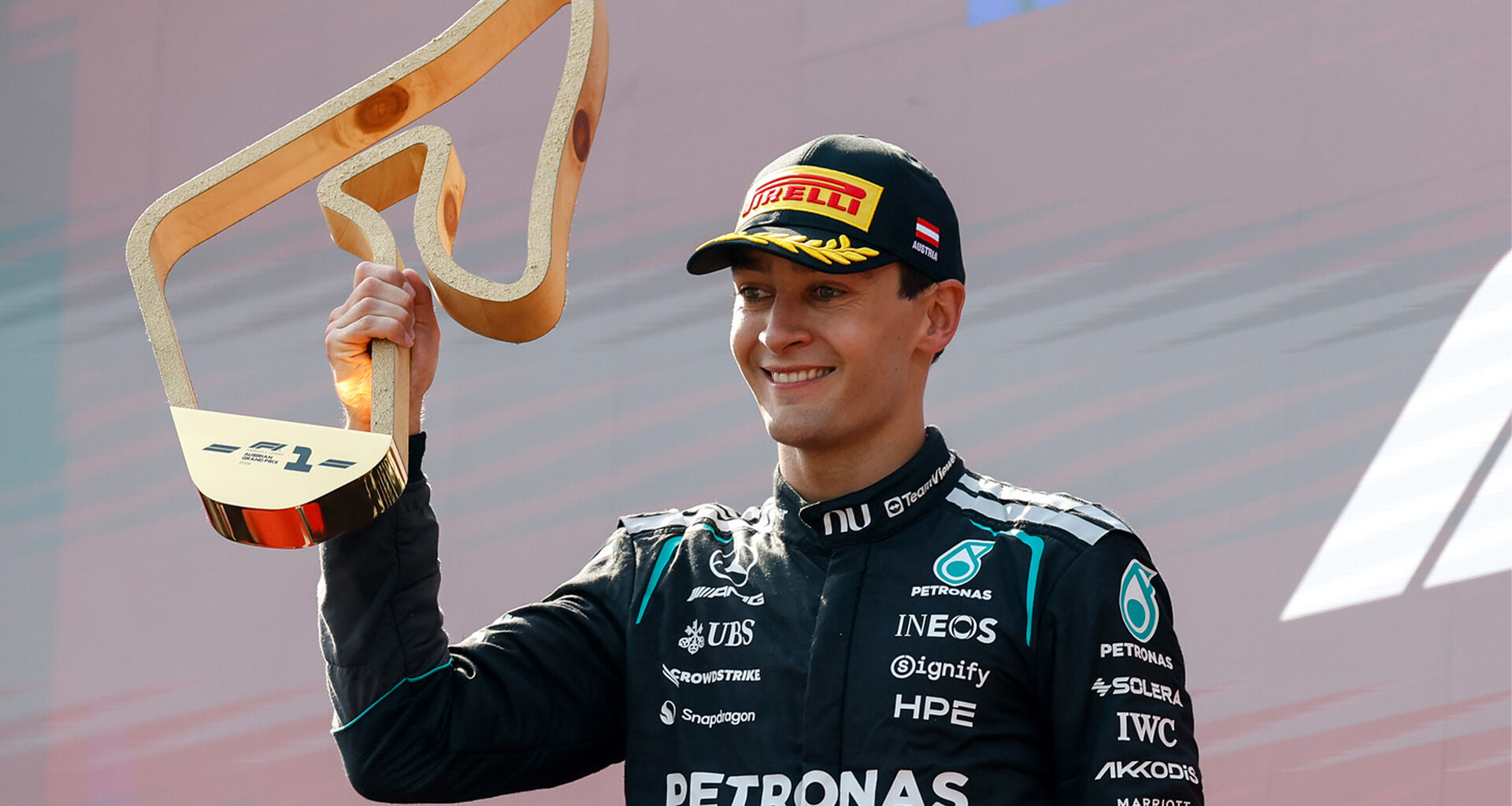 Austrian Grand Prix, Saturday, Wolfgang Wilhelm RUSSELL George (gbr), Mercedes AMG F1 Team W17, portrait podium celebration during the Formula 1 Austrian Grand Prix 2026, 8th round of the 2026 Formula One World Championship from June 26 to 28, 2026 on the Red Bull Ring, in Spielberg, Austria - Photo Alberto Vimercati / DPPI