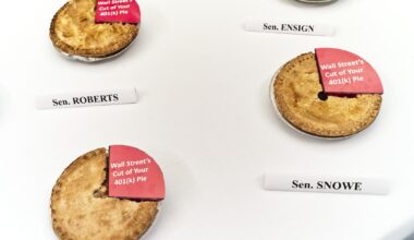 Apple pies sit on a table before a news conference with Rep. George Miller, D-Calif., on Senate Finance Chairman Max Baucus' removal from the "American Jobs and Closing Tax Loopholes Act"  of a provision that would require the disclosure of hidden 401(k) fees. Miller was sending the apple pies to the Senate panel's members, each one missing a piece to symbolize "Wall Street's cut." (Photo by Scott J. Ferrell/Congressional Quarterly/Getty Images)