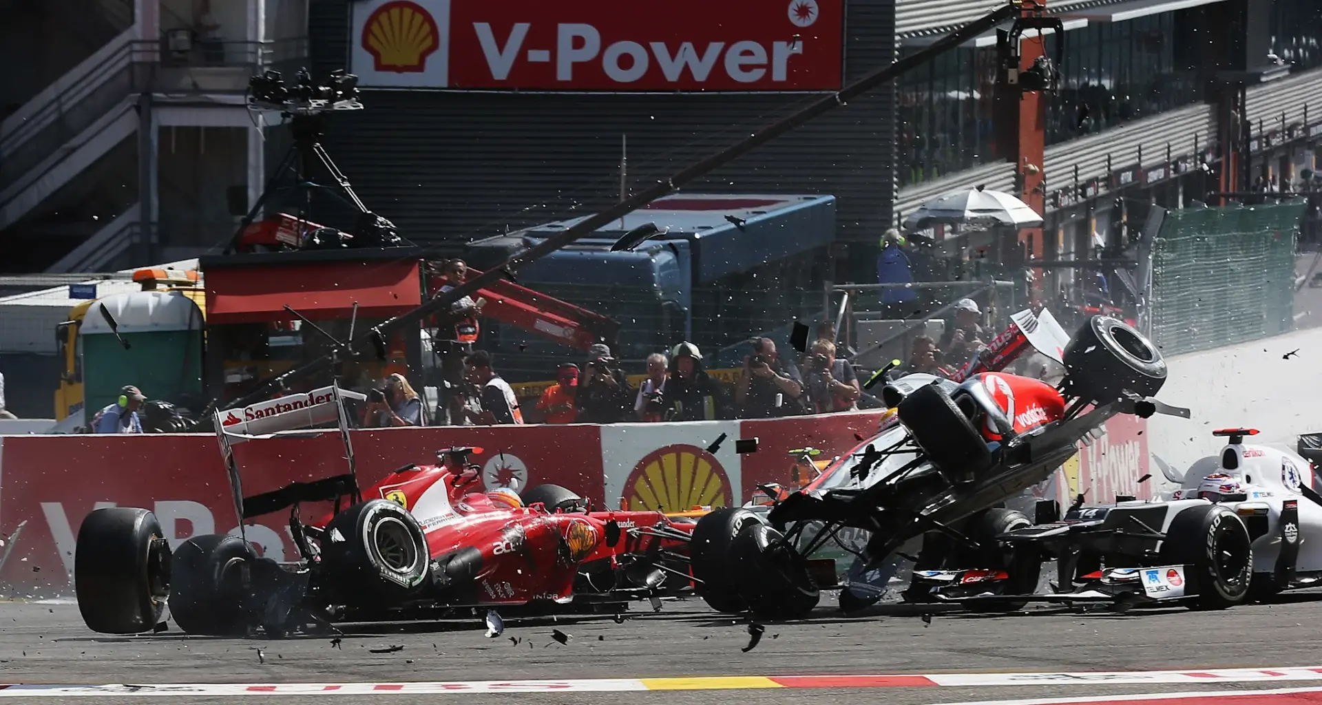 SPA, BELGIUM - AUGUST 28: A general view of the start of the race as cars make their way up Eau