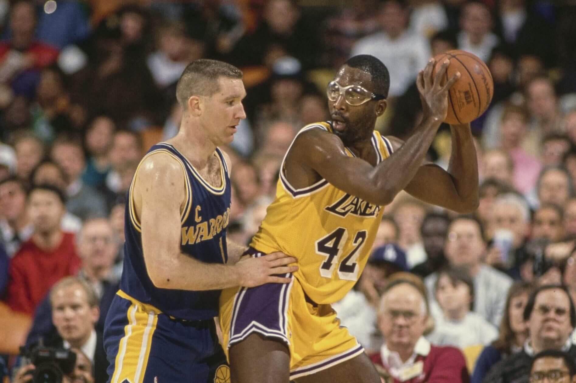 The LA Lakers' James Worthy pictured playing while wearing Oakley goggles in 1990