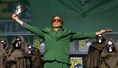 Robert Downey Jr. speaks onstage during the Marvel Studios Panel in Hall H at SDCC in San Diego, California on July 27, 2024.