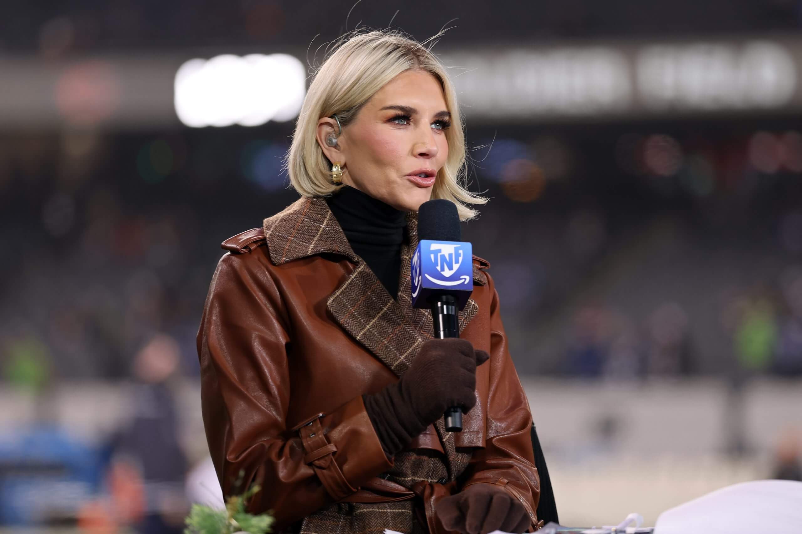 Charissa Thompson looks on from the set of the TNF on Prime pregame show prior to the game between the Seattle Seahawks and the Chicago Bears at Soldier Field on December 26, 2024 in Chicago, Illinois.
