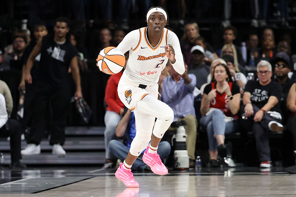 LAS VEGAS, NEVADA - OCTOBER 03: Kahleah Copper #2 of the Phoenix Mercury dribbles in the fourth quarter of Game One of the 2025 WNBA Playoffs finals against the Las Vegas Aces at Michelob ULTRA Arena on October 03, 2025 in Las Vegas, Nevada.