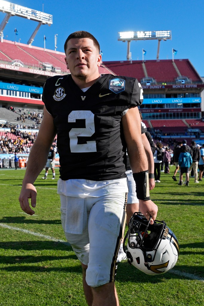 Diego Pavia #2 of the Vanderbilt Commodores walks off the field after the ReliaQuest Bowl against the Iowa Hawkeyes on December 31, 2025 at Raymond James Stadium in Tampa, Florida. 