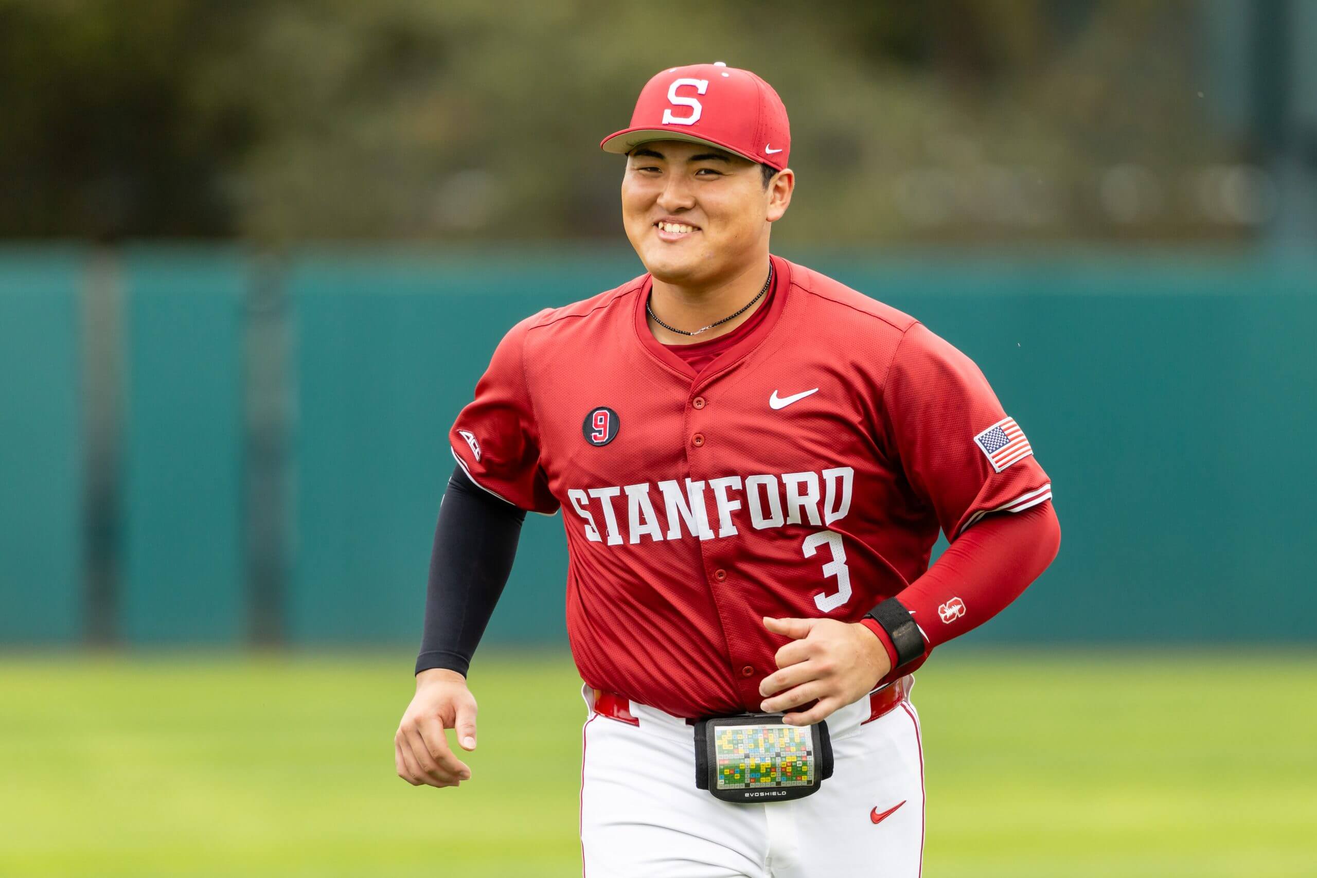 Rintaro Sasaki #3 of the Stanford Cardinal smiles before a game against Waseda University on February 25, 2026 at Klein Field at Sunken Diamond in Stanford, CA.