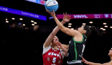 NEW YORK, NEW YORK - MARCH 02: Kelsey Plum #10 of the Phantom lays up a shot against Dearica Hamby #5 of the Vinyl during the first quarter in the Unrivaled Semifinals at Barclays Center on March 02, 2026 in New York City.
