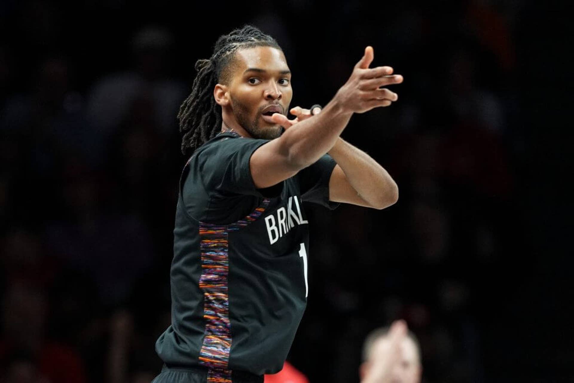 Ziaire Williams of the Brooklyn Nets celebrates making a 3-pointer during a game against the Atlanta Hawks in April