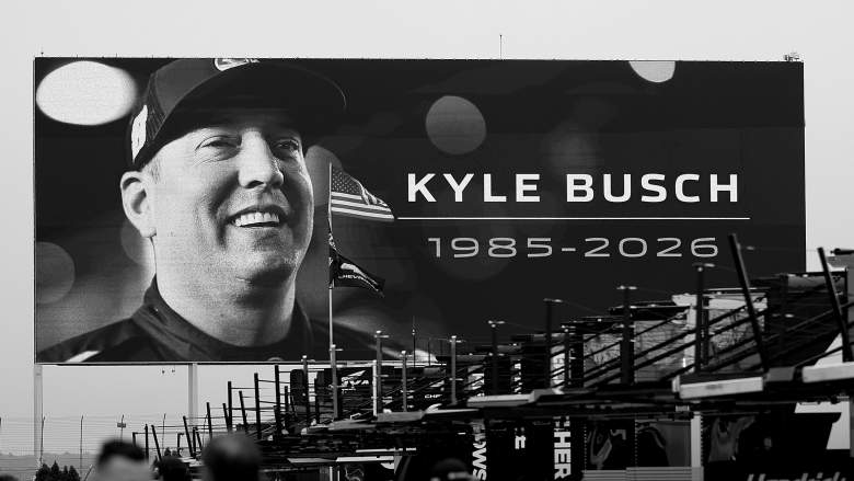A tribute to Kyle Busch is displayed on Charlotte Motor Speedway's video board before NASCAR Cup Series practice.