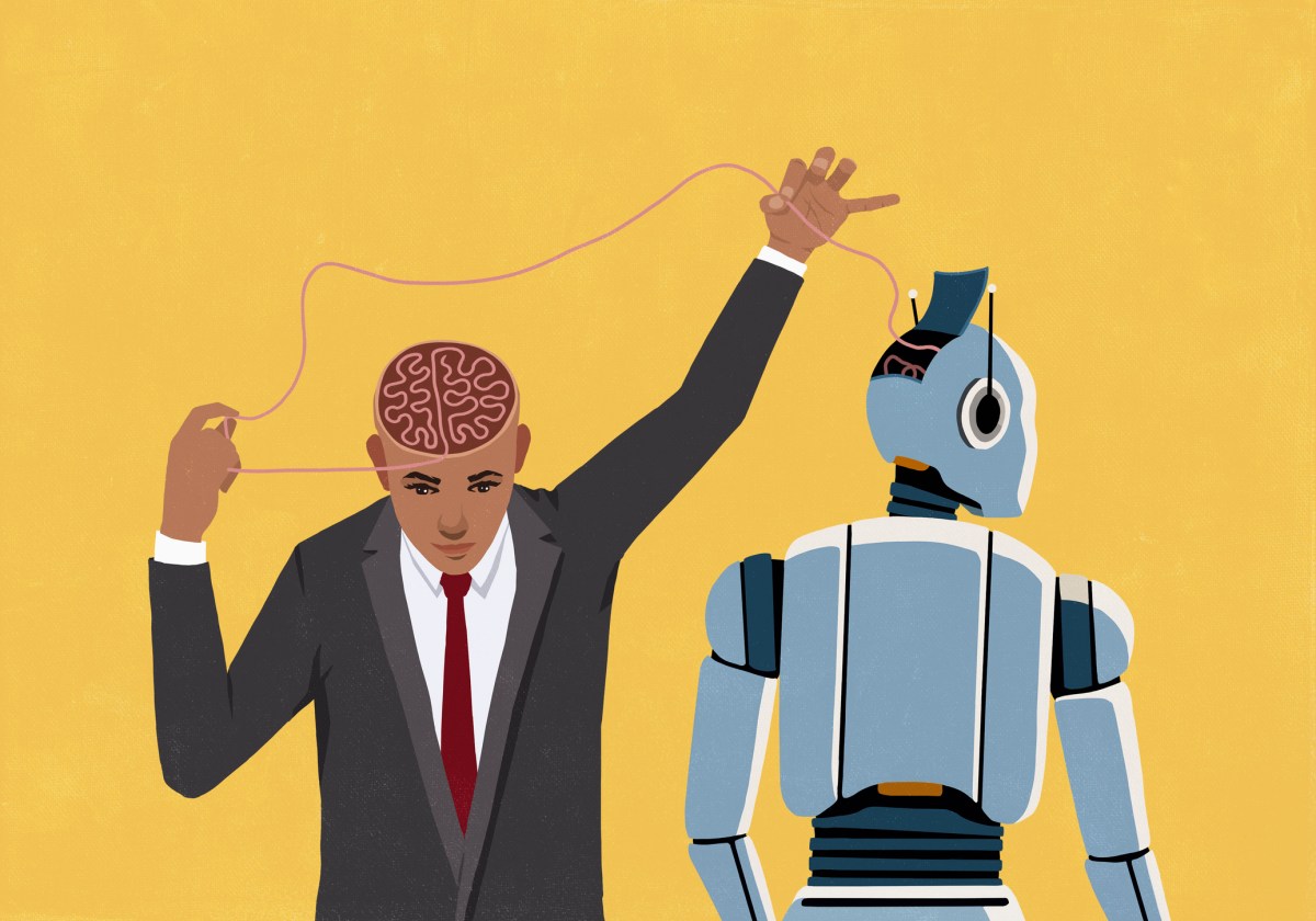 Businessman pulling at thread connecting his brain and open head of AI robot on yellow background
