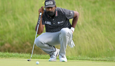 CALEDON, ONTARIO - JUNE 12: Sahith Theegala of the United States lines up a putt on the 11th green during the second round of the RBC Canadian Open 2026 at TPC Toronto at Osprey Valley on June 12, 2026 in Caledon, Ontario. (Photo by Minas Panagiotakis/Getty Images)